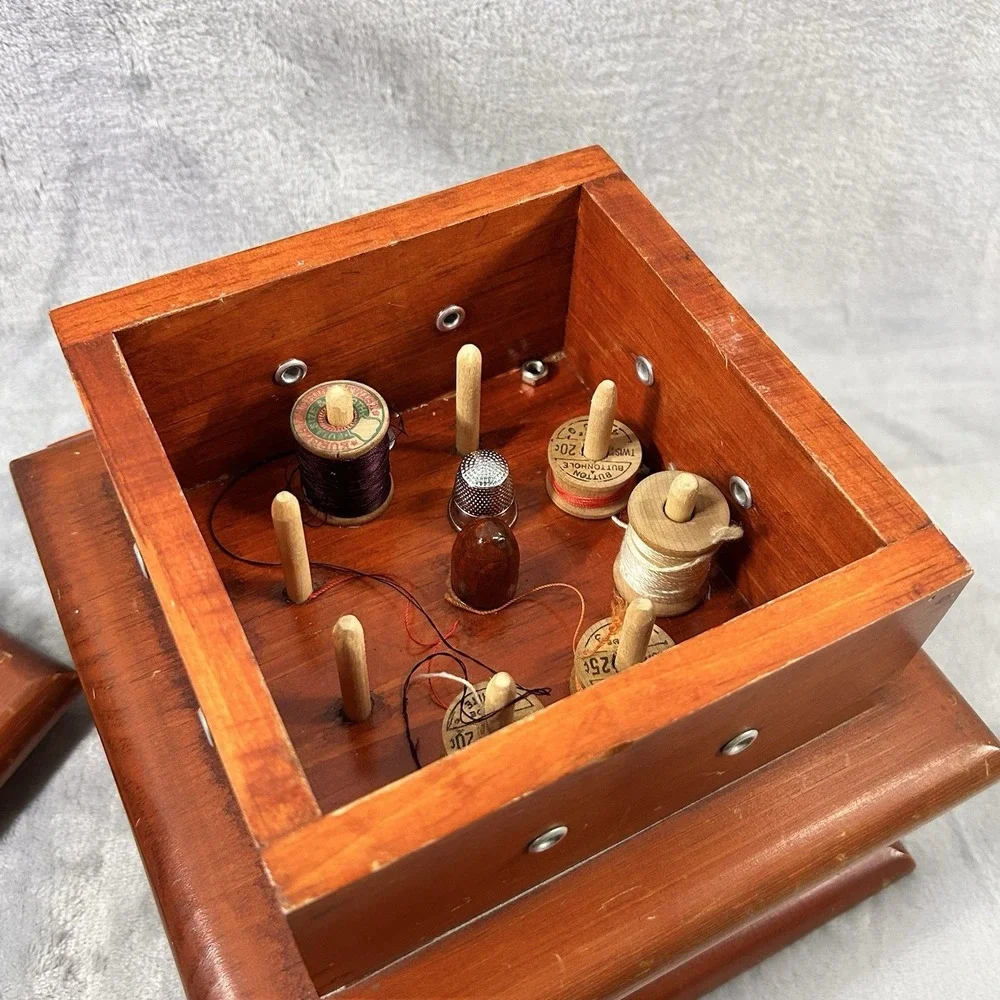 Antique Shaker Style‎ Wooden Sewing Box Drawer Spool Holders Pincushion